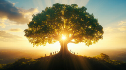 Team Leadership : A majestic tree on a hilltop radiates sunlight, with silhouettes of people standing beneath it, basking in the warm, golden glow.