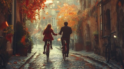 Couple biking through autumn streets paris romantic lifestyle scene