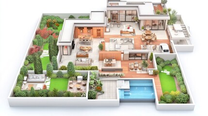 Fototapeta premium 3D rendering of a spacious home layout with pool and landscaped garden areas.