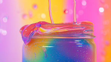 Close-up of rainbow slime oozing from a jar, glossy texture, minimalist backdrop