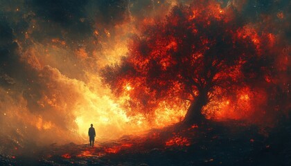 Watercolor Painting of Moses Before the Burning Bush in a Surreal Desert Landscape