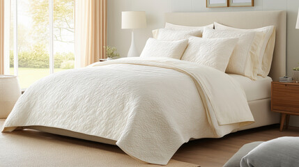Obraz premium A cozy bedroom featuring a neatly made bed with cream-colored bedding, decorative pillows, a bedside table, and a window with sheer curtains.