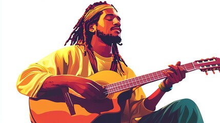 a 2D cartoon illustration of a reggae musician playing a guitar, relaxed and chill, white background--ar 16:9
