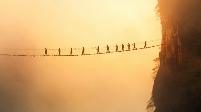 Team Leadership : Silhouetted against a golden sky, a line of people carefully cross a narrow suspension bridge suspended between misty cliffs, creating a scene of adventure.