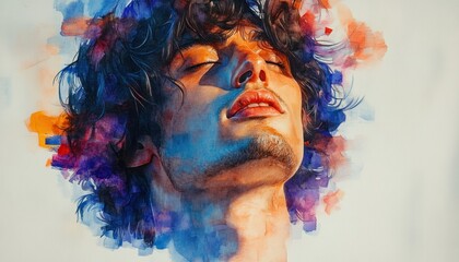 Dynamic Watercolor Illustration of a Man in Prayer with Vibrant Background