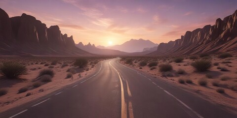 Fototapeta premium Desert road winding through a surreal landscape at dusk, clouds, rugged terrain, twisted trees