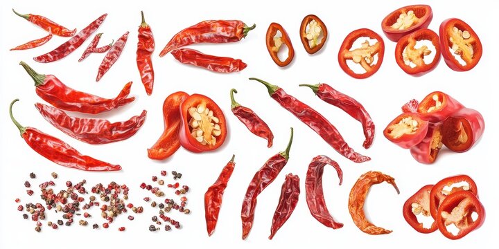 Collection of dried and fresh red chili peppers isolated on white background.
