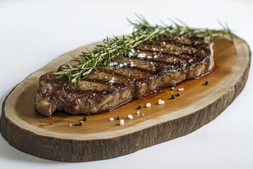 A juicy grilled steak served on a wooden platter, garnished with fresh sprigs of rosemary