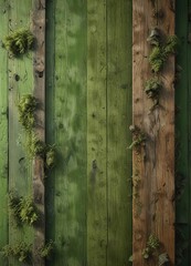 Fototapeta premium Distressed wood and moss pattern on a cold green background wall, mossy decor, distressed wood, natural elements