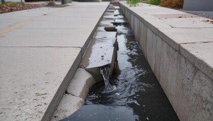 Downspout discharging water onto a concrete splash block near a sidewalk path, splash block, heavy rain, sidewalk