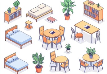 2D vector set of simple home furnishings like chairs, beds, and indoor plants.