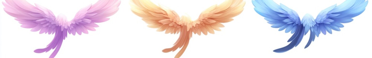 Obraz premium Three pairs of colorful wings isolated on white background.