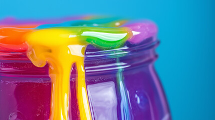Close-up of rainbow slime oozing from a jar, glossy texture, minimalist backdrop