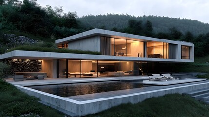 Obraz premium Modern concrete house with infinity pool overlooking a lush forest at dusk.