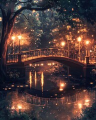 Fototapeta premium A serene bridge illuminated by lamps over a tranquil waterway.