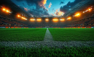 Football Stadium at Night with Bright Lights and Green Pitch in Empty Arena
