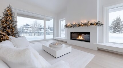 Cozy winter interior design modern home living room snowy landscape warm atmosphere comfort and style