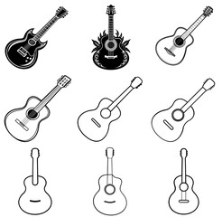 Naklejka premium set of black guitar silhouettes. Vector guitars on white background. silhouette vector illustration