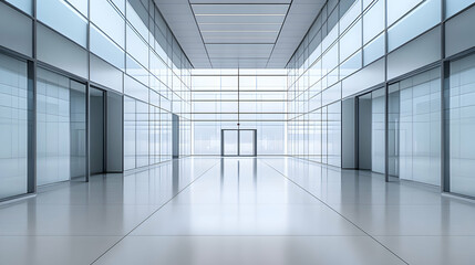 Fototapeta premium Modern glass corridor interior with sleek design and bright lighting.