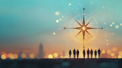 Team Leadership : Silhouettes of people stand under a glowing compass rose, symbolizing guidance and direction against a cityscape backdrop with a blurred, bokeh effect.