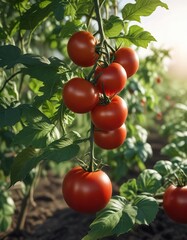 Obraz premium Field of red tomatoes with sunlight filtering through the leaves , vine ripened tomatoes, red tomatoes, field of tomatoes