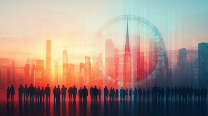 Team Leadership : Silhouetted figures stand before a futuristic cityscape at sunset, with a digital, translucent clock overlay symbolizing the convergence of time and technology.