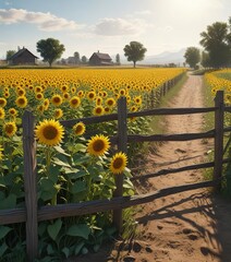 Fototapeta premium Field of sunflowers with a old wooden fence in the background, open landscape, bright colors
