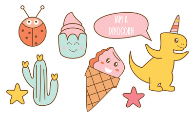 Kawaii Baby Dinosaur Unicorn with elements in pastel color style vector set