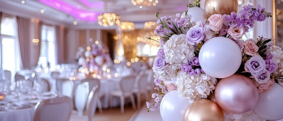 Elegant wedding reception decor with floral arrangements and balloons luxurious venue indoor celebration romantic atmosphere