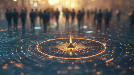 Team Leadership :A digital compass overlay on a blurred cityscape, surrounded by silhouettes of people, symbolizing navigation and direction in a technology-driven world.