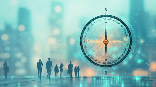 Team Leadership : A digital compass overlays a blurred cityscape with silhouettes of people, symbolizing navigation and direction in a modern, urban environment. - Powered by Adobe