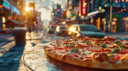 Delicious Pepperoni Pizza on Wooden Table in City Setting