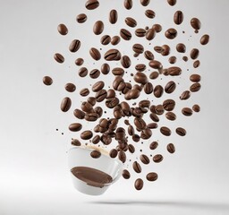 Obraz premium Flying coffee beans isolated on white background with clipping path, coffee cup, coffee brewing, brown bean