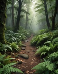Fototapeta premium Forest floor covered in a thick layer of leaves and ferns, moss, earthy scents, undergrowth