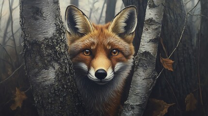 Fototapeta premium A Red Fox Peeking Through the Trees in a Forest