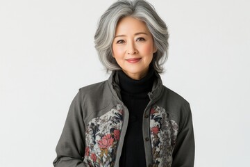 studio shot of mature middle aged chinese woman with beautiful skin, smiling studio lighting ,clean white background ,copy space, skin care, healthy lifestyle,self care concept	