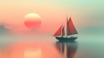 A sailboat with red sails glides across tranquil waters against a backdrop of a vivid sunset, creating a serene and picturesque scene.