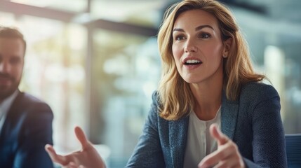 A businesswoman discussing strategy with a colleague in a conference room 