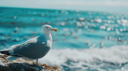 Seagull portrait against sea shore. Close up view of white bird seagull sitting by the beach. Wild seagull with natural blue background.