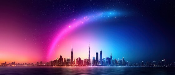Obraz premium Stunning night skyline transformation urban cityscape digital art vibrant colors futuristic concept