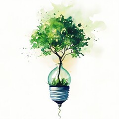 tree with bulb watercolor illustration, green energy concept
