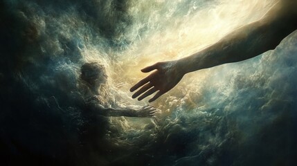 Fototapeta premium A man reaching out to help another, set against a holy light-filled background, symbolizing faith, love, hope, and compassion in a spiritual, Christian context.