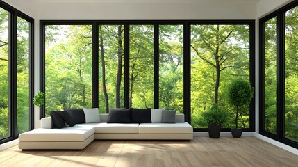 Fototapeta premium Modern living room with large windows overlooking lush green forest.