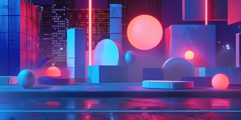 Neon Cityscape with Geometric Shapes and Glowing Lights