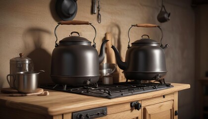 Kettle and kettle hook on a classic wooden stove , fireplace tools, traditional