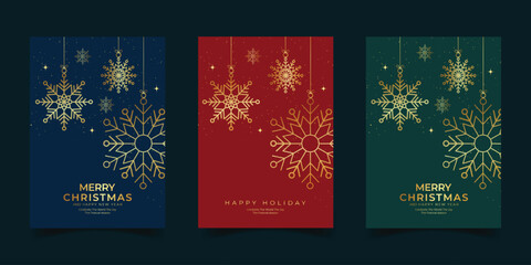 Set of christmas and happy new year greeting card with golden snowflakes hanging luxury ornament art decoration
