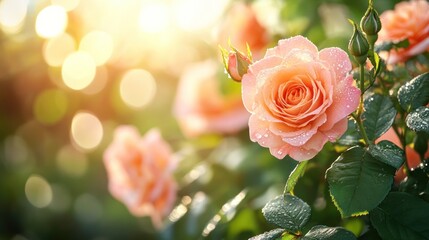 Peach roses in a garden with dew drops and a sunlit background.