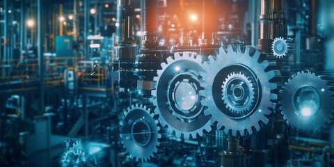 Obraz premium Close up of metal gears and cogs mechanism with copy space. Abstract industrial background.