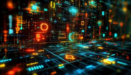 Fototapeta premium A vibrant digital landscape filled with glowing data patterns and grids.
