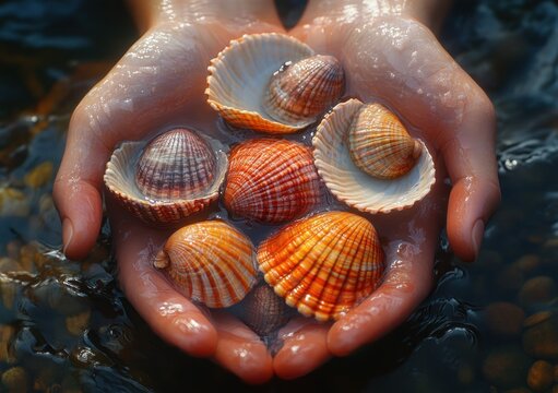 Colorful Shellfish Shells Freshwater Pearl Mussels in Hands Close-Up Natural Lighting